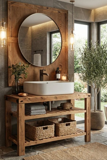 مغسلة خشب ريفي رفّين